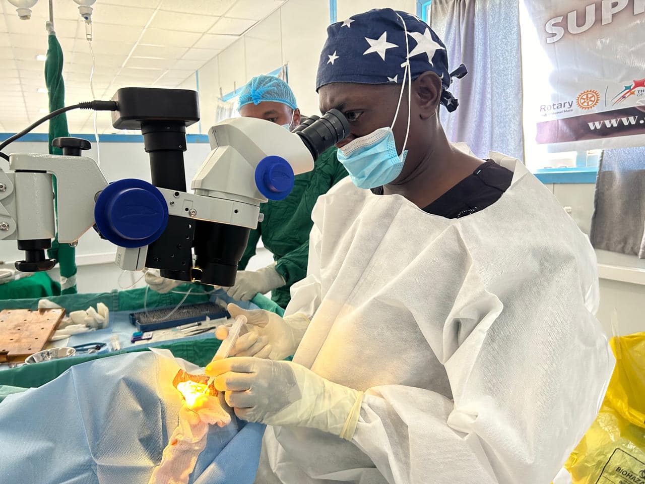 Patients receiving eye care at a free clinic organized by Maasai Mara Rotary Club.