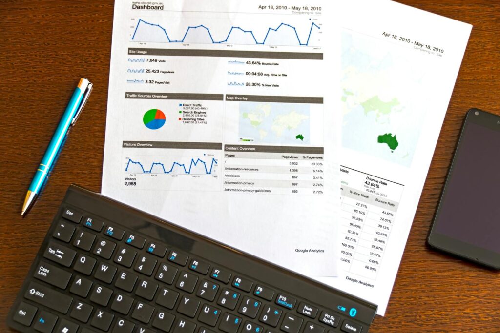 Flatlay of a business analytics report, keyboard, pen, and smartphone on a wooden desk. demonstrating marketing rates