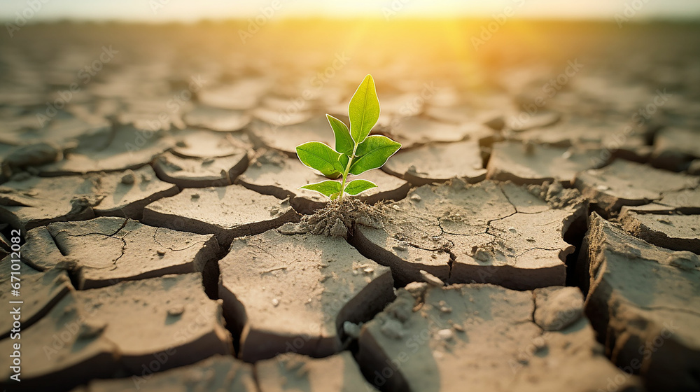 Green plant grow in middle dry cracked earth. recovery environmental from damage of climate change and human activities concept. Made with generative ai