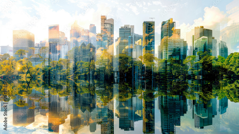Double exposure with modern buildings and forest lush, concept of tree economy