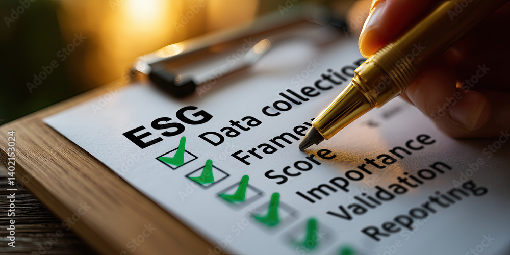 Checklist with green ticks symbolizing compliance in ESG framework evaluation