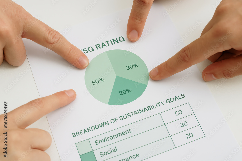 ESG ratings pie chart with sustainability goals breakdown and fingers pointing at data