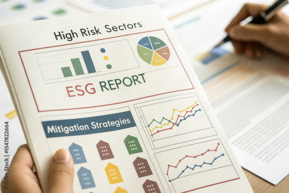 High risk sectors esg reporting with strategy and mitigation strategies shown in colorful charts and graphs on business document