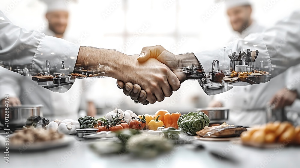 Double exposure of a handshake intertwined with chefs preparing food in a kitchen, fresh produce, and culinary utensils, symbolizing partnerships in the food industry.