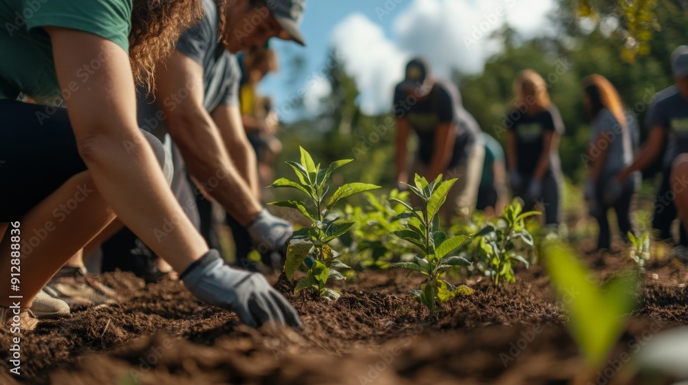 Volunteers are planting young trees together in a forested area, working collaboratively under a clear blue sky on a community forestry service day.
