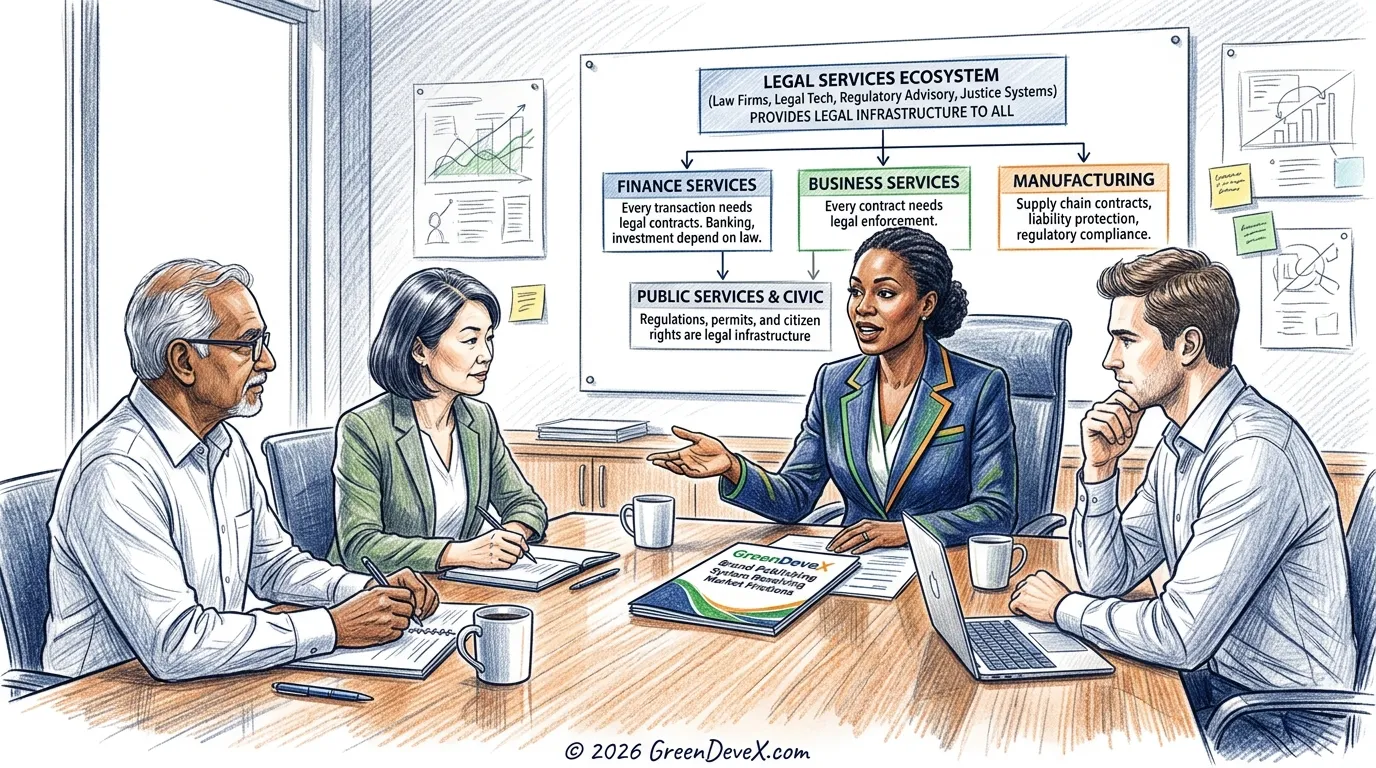 Legal Services Ecosystems cluster covers law firms, legal tech, and justice systems. Maps to Trust & Policy Engine. The Sage, Translator, and Diplomat archetypes.