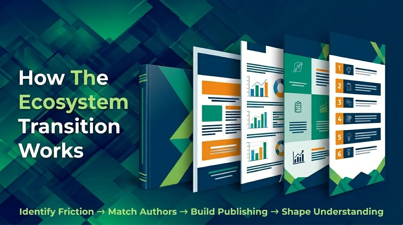 How the Ecosystem Transition works in four steps. From friction mapping to author matching to publishing infrastructure to compound market authority