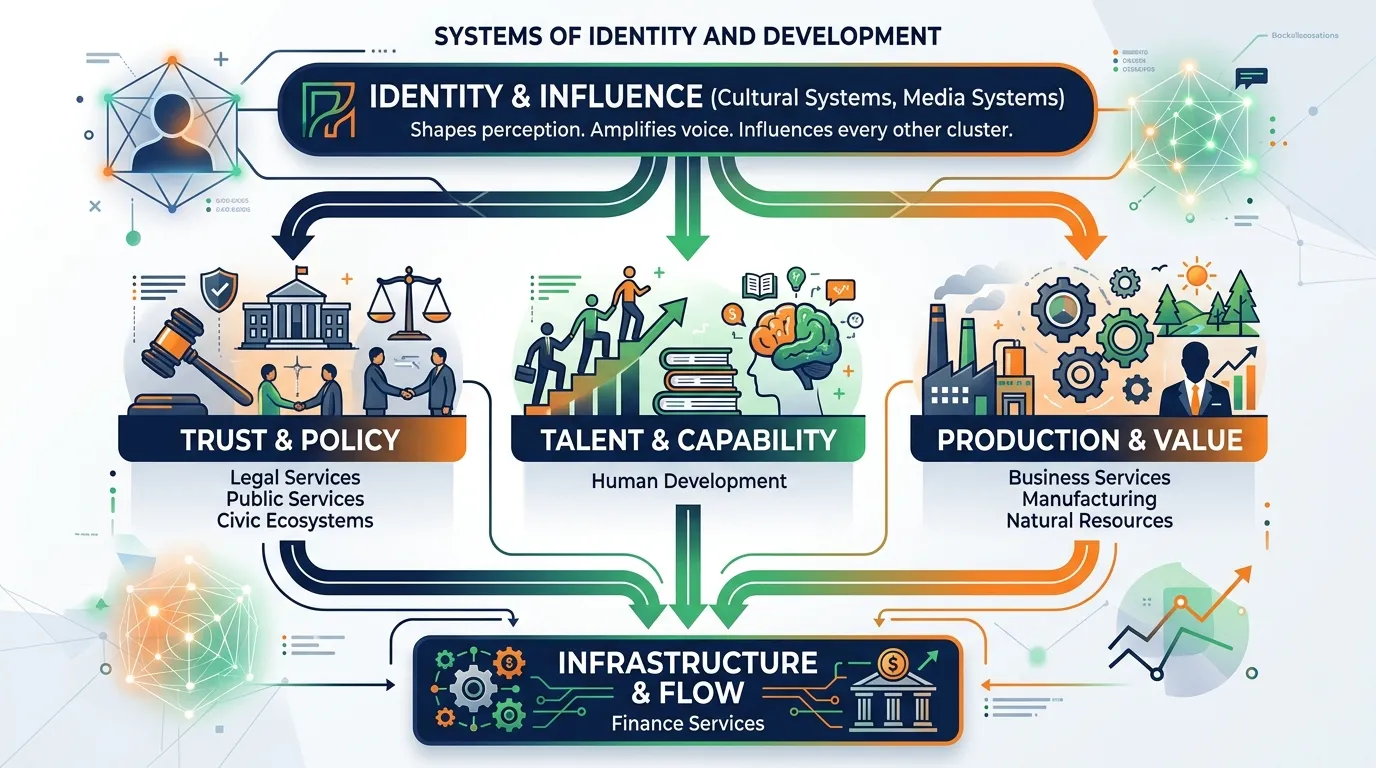 Ecosystem Clusters organize the economy into 10 interconnected clusters. Each cluster maps to a Thematic Engine. Human Development. Legal Services. Natural Resources. Finance. Business. Manufacturing. Public Services. Civic. Cultural. Media.